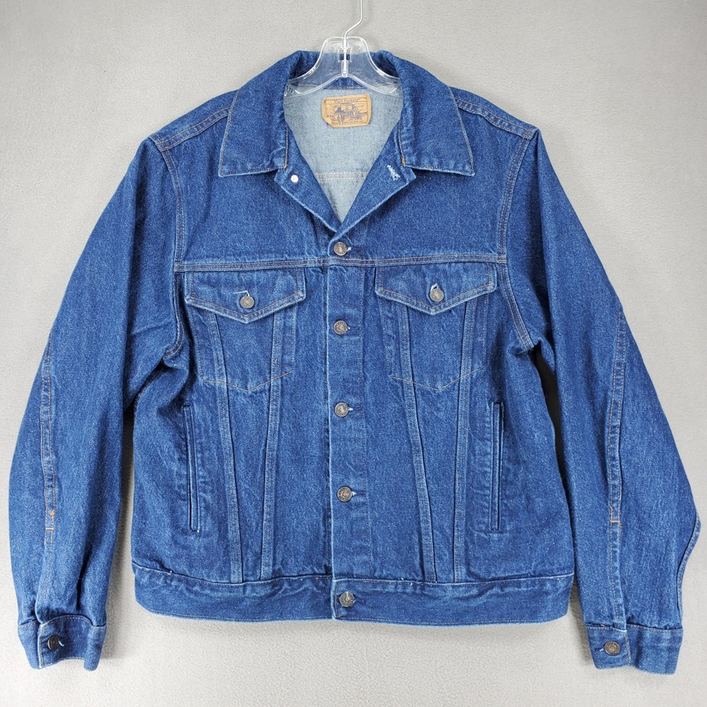 Plain Pockets Denim Jacket Mens 44 Blue Vintage USA Made Trucker JCPenney 4008